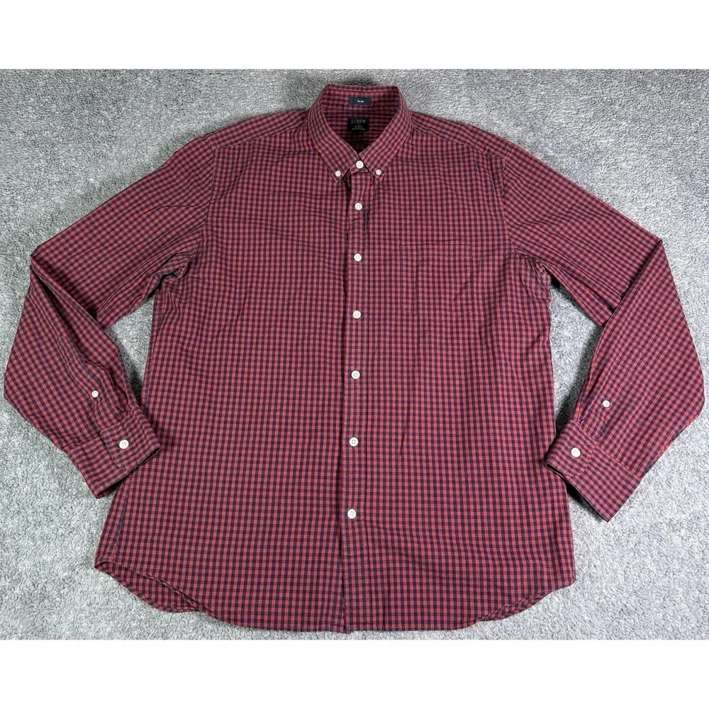 J Crew Slim Fit Flex Washed Red Navy Gingham Check Button Down Mens XL Preppy